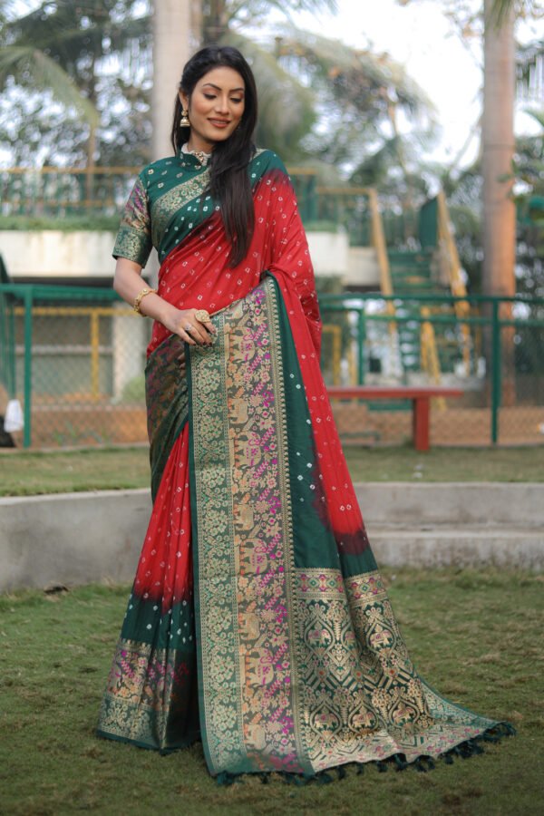 Multi color bandhej silk saree with zari weaving work - Image 4
