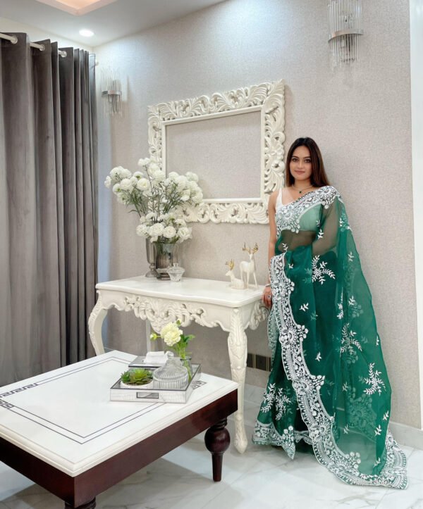Green color organza silk saree with embroidery work