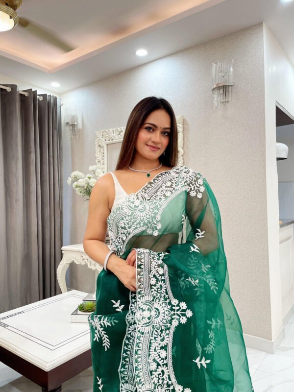 Green color organza silk saree with embroidery work - Image 3
