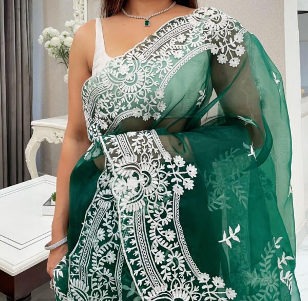 Green color organza silk saree with embroidery work - Image 4