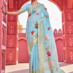 Fancy Sky blue color soft cotton saree with woven design