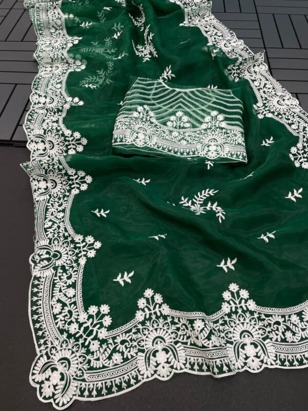 Green color organza silk saree with embroidery work - Image 2