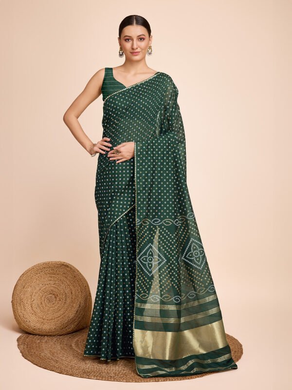Bandhani print with lace border & lagdi patta pallu green cotton silk saree