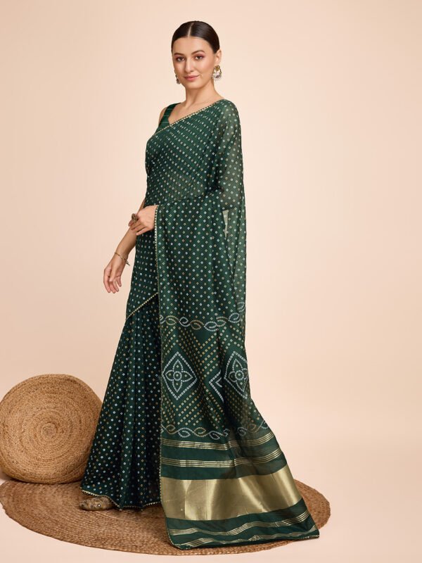 Bandhani print with lace border & lagdi patta pallu green cotton silk saree - Image 2