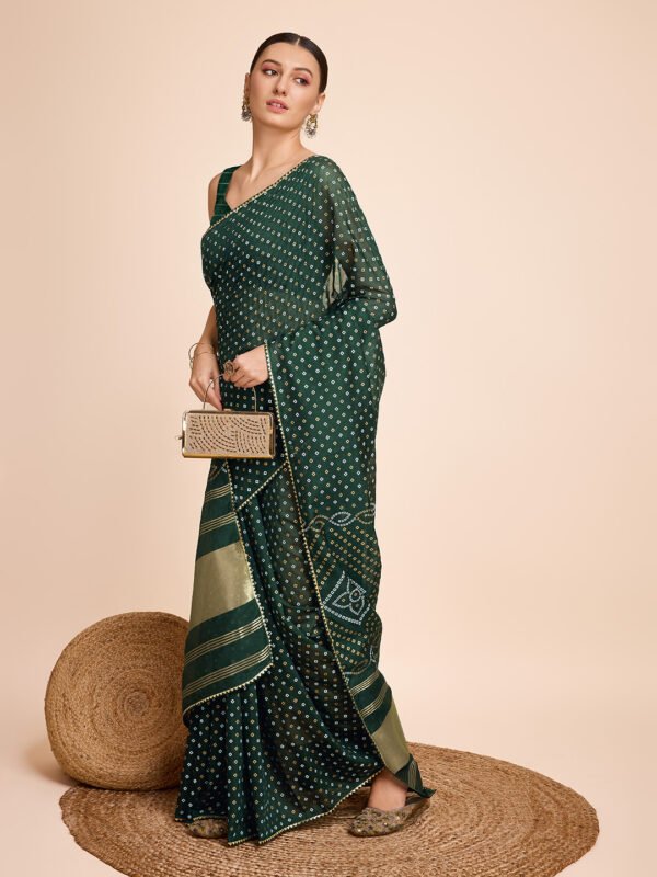 Bandhani print with lace border & lagdi patta pallu green cotton silk saree - Image 3