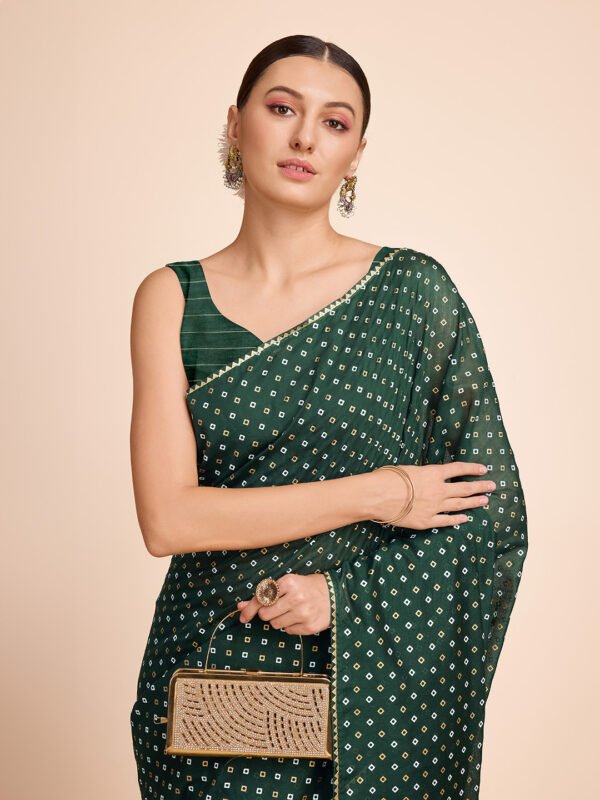 Bandhani print with lace border & lagdi patta pallu green cotton silk saree - Image 4