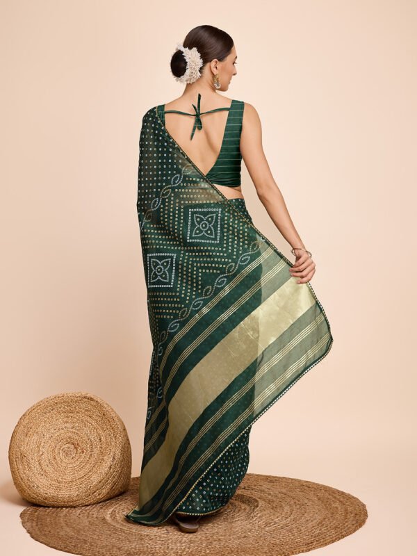Bandhani print with lace border & lagdi patta pallu green cotton silk saree - Image 5