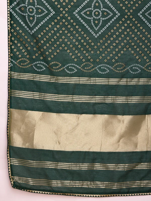 Bandhani print with lace border & lagdi patta pallu green cotton silk saree - Image 6