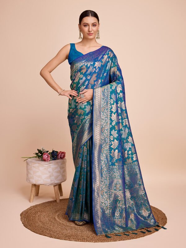 Golden & copper zari weaving with firoji color soft silk banarasi saree - Image 2