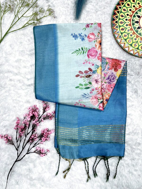 Firoji color soft cotton silk saree with floral printed work