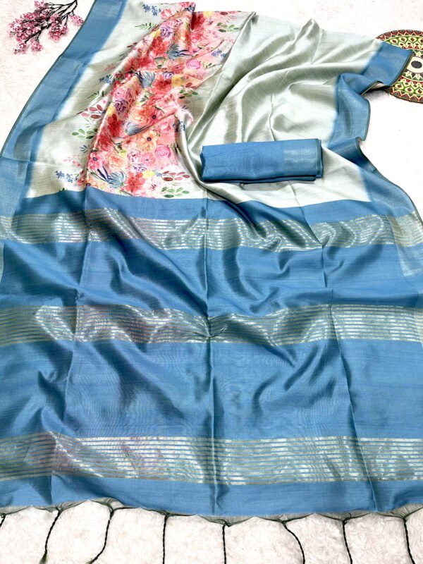 Firoji color soft cotton silk saree with floral printed work - Image 2