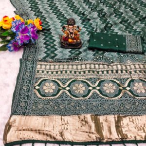 Green flowy dola bandhani silk saree with bandhej woven border & lagdi patta pallu