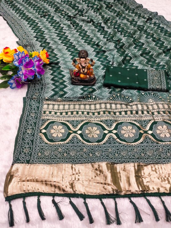 Green flowy dola bandhani silk saree with bandhej woven border & lagdi patta pallu
