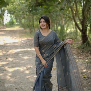 Gray color khadi tussar silk saree with thread & kantha work border