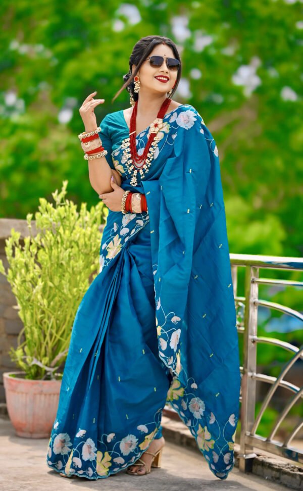 Fancy Firoji color tussar silk saree with embroidery work