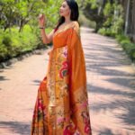 Orange paithani silk saree with zari weaving work - Image 2