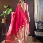 Rani pink paithani silk saree with weaving work - Image 4