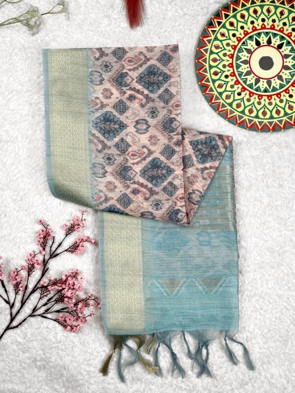 Sky blue Pure linen cotton saree with printed work - Image 2