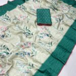 Green tussar silk saree with digital printed work