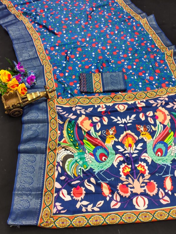 Navy blue digital printed and kalamkari design dola silk saree
