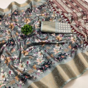 Gray floral digital printed dola silk saree