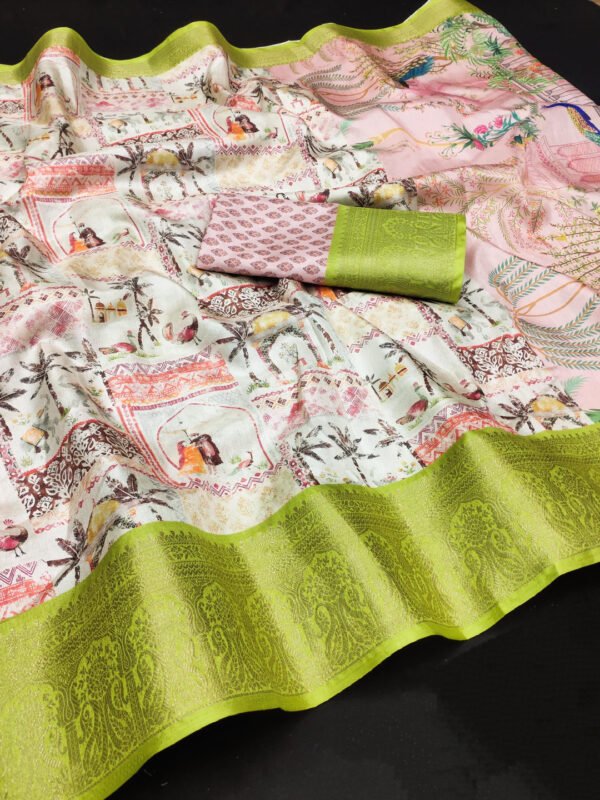 Parrot green dola silk saree with digital printed work and kalamkari design