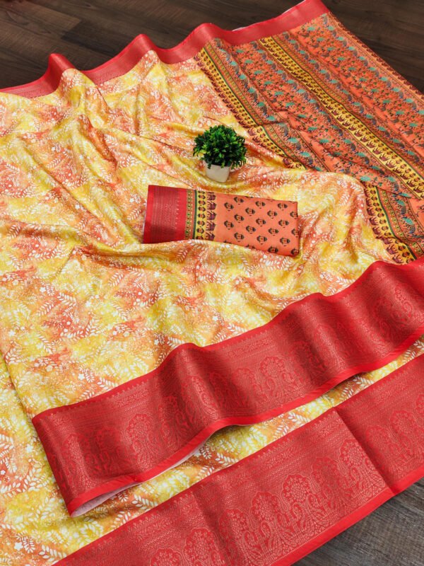 Yellow digital printed soft dola silk saree