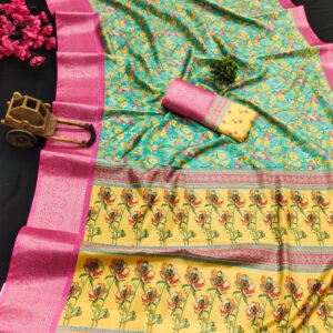 Sea green soft dola silk saree with digital printed work
