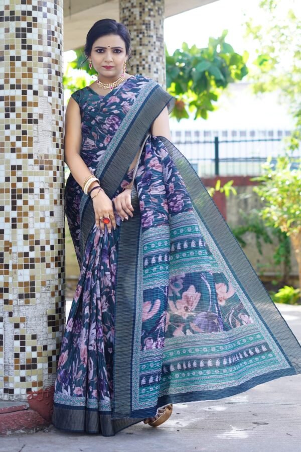 Rama green tussar silk saree with digital printed work