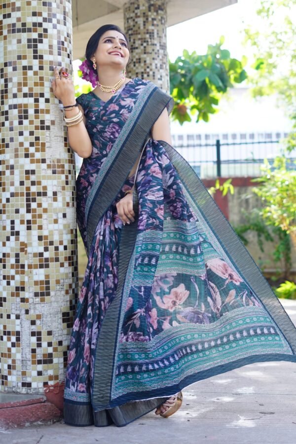 Rama green tussar silk saree with digital printed work - Image 2