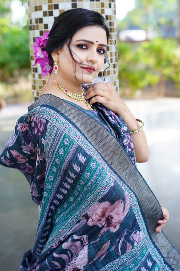 Rama green tussar silk saree with digital printed work - Image 3