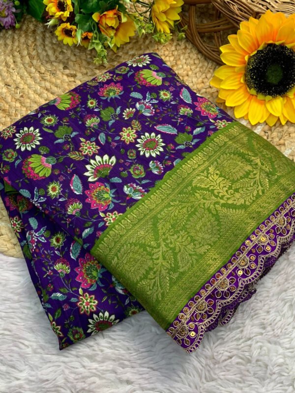purple flower design dola silk saree with lace border