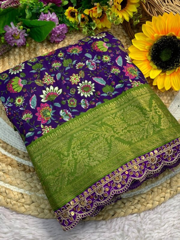 purple flower design dola silk saree with lace border - Image 2