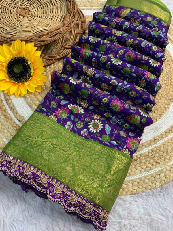 purple flower design dola silk saree with lace border - Image 3