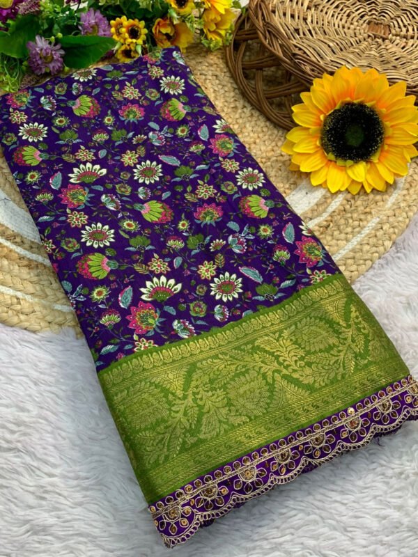 purple flower design dola silk saree with lace border - Image 4