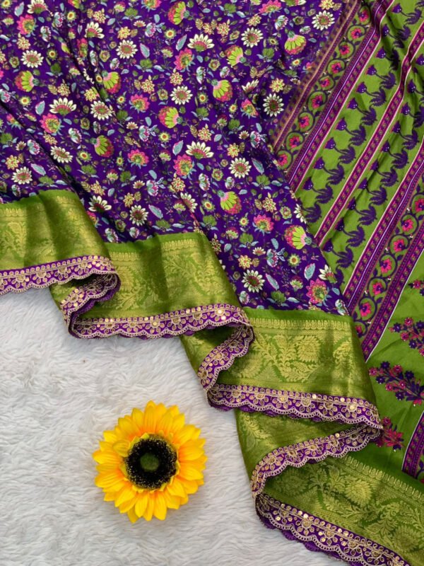 purple flower design dola silk saree with lace border - Image 5