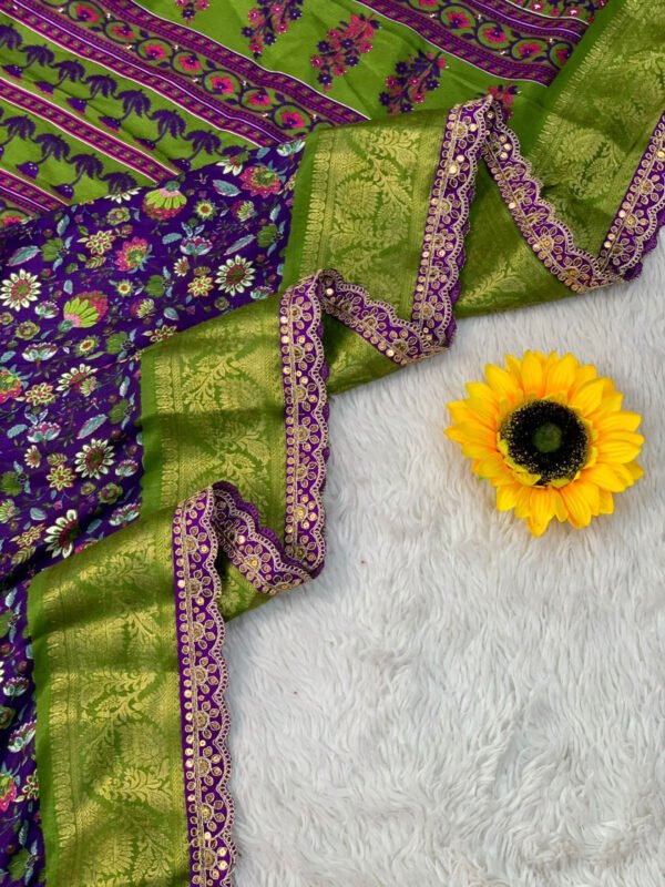 purple flower design dola silk saree with lace border - Image 6