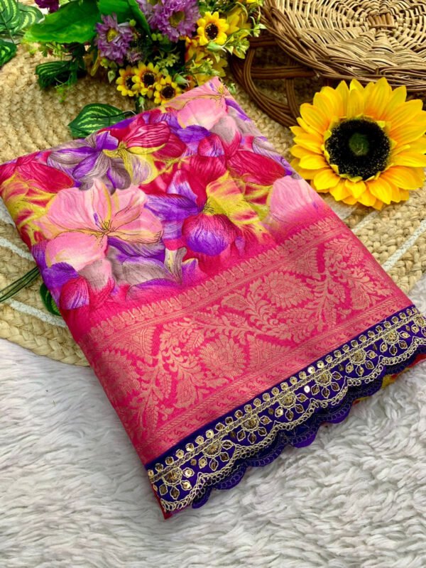 Pink floral printed dola silk saree with lace border