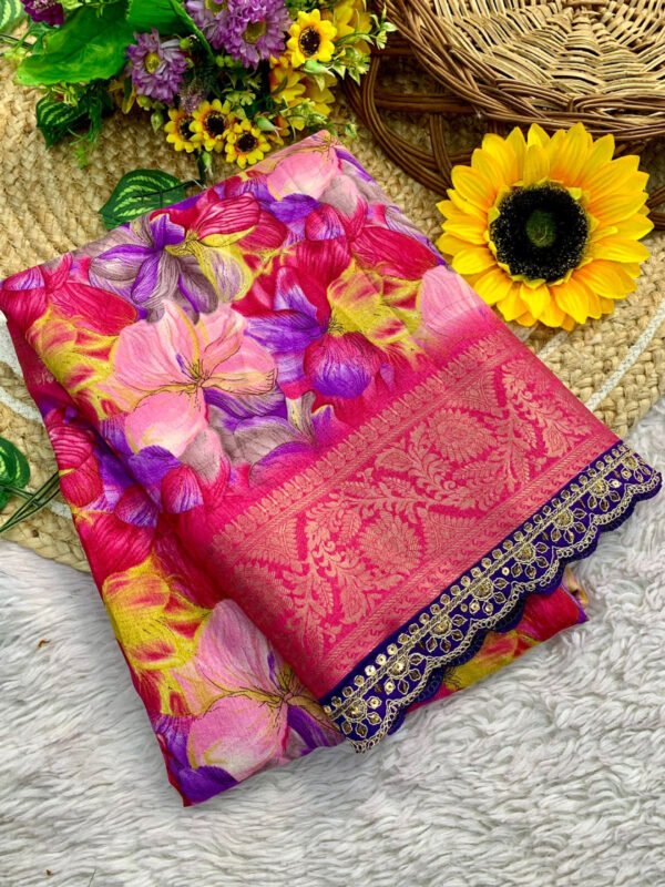 Pink floral printed dola silk saree with lace border - Image 2