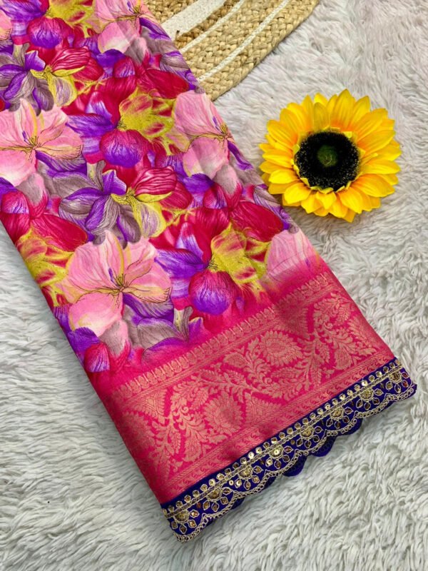 Pink floral printed dola silk saree with lace border - Image 3