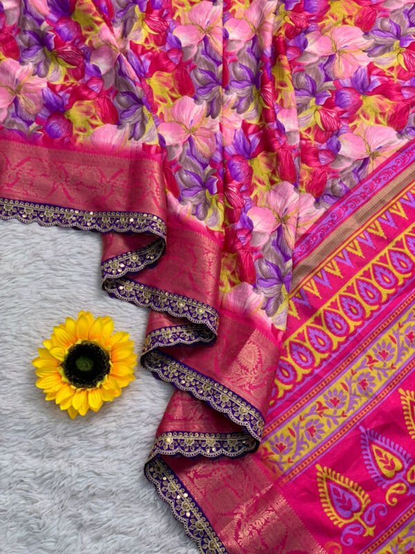Pink floral printed dola silk saree with lace border - Image 4