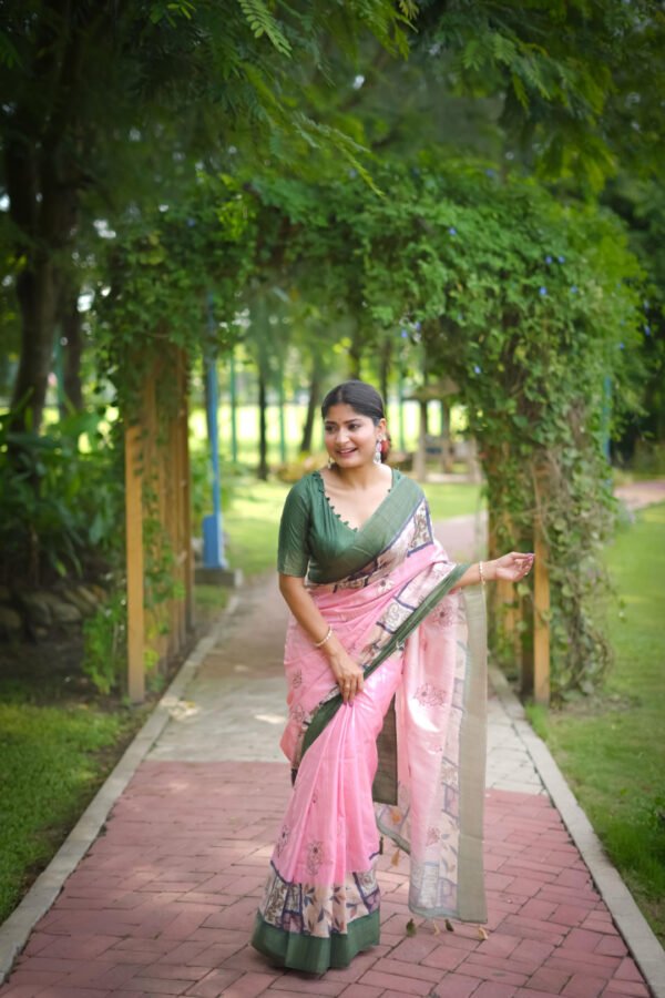Gajari tussar silk saree with floral cotton bunds work