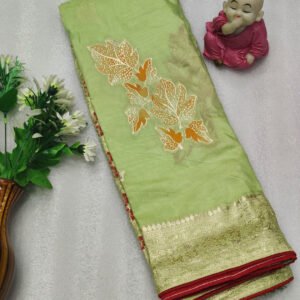 Pista green color soft viscose dola silk saree with zari weaving work