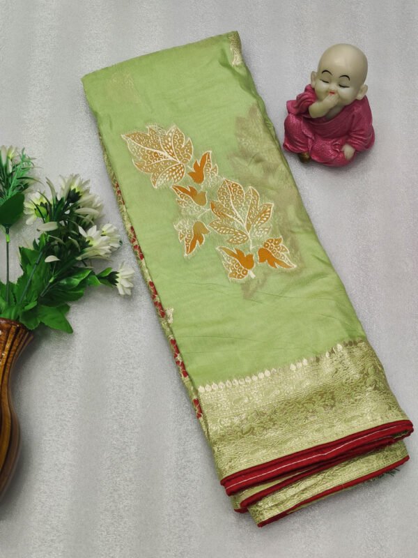 Pista green color soft viscose dola silk saree with zari weaving work