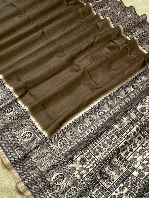 Brown block printed premium tussar silk saree - Image 2