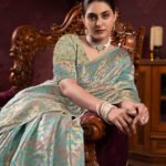 Sky blue organza silk saree with zari weaving work - Image 4