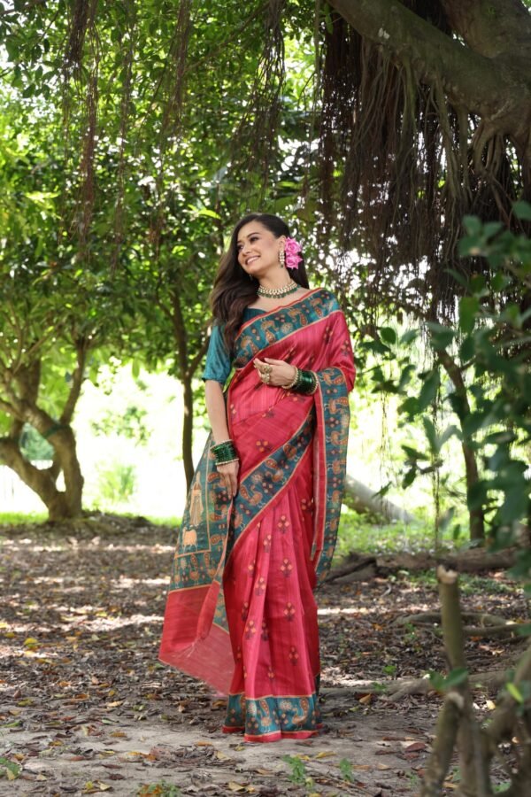 Pink peacock digital printed tussar silk saree