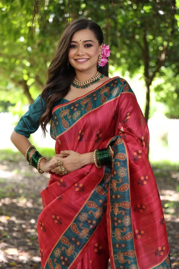 Pink peacock digital printed tussar silk saree - Image 2