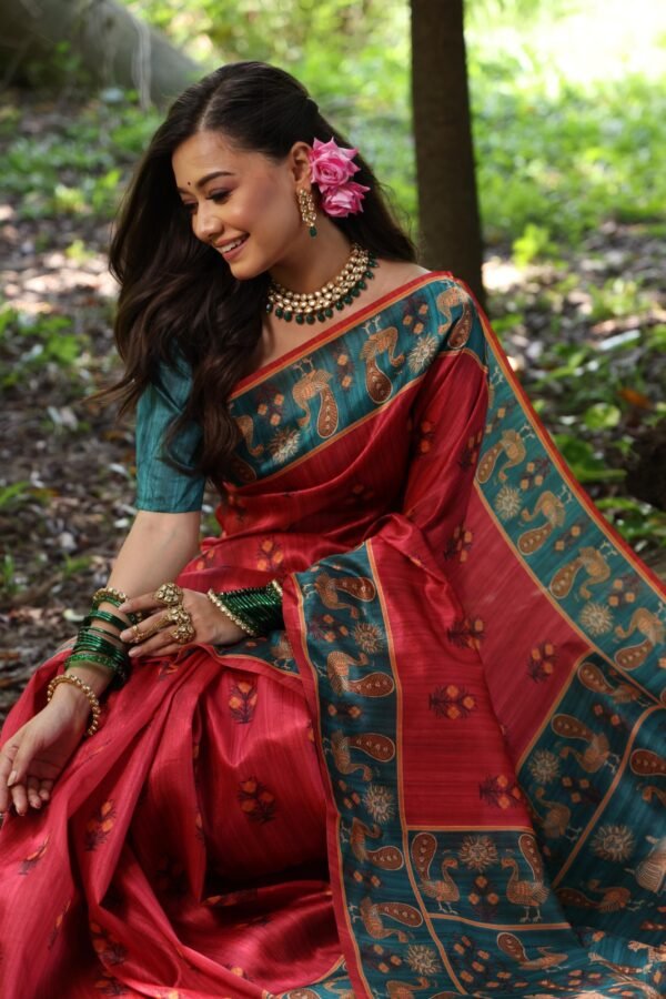 Pink peacock digital printed tussar silk saree - Image 3