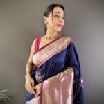 Navy blue paithani silk saree with zari weaving work - Image 4